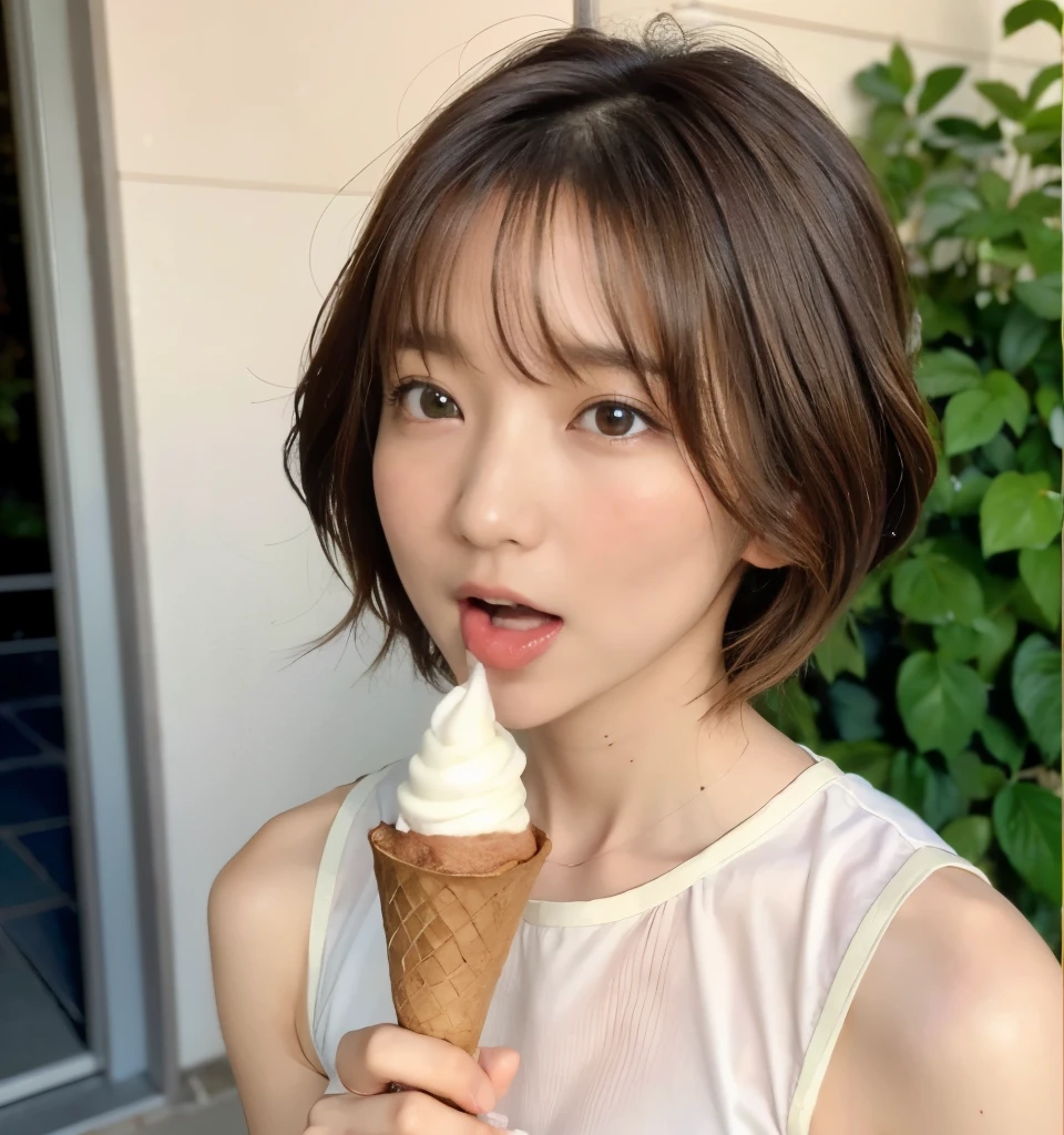 NSFW、highest quality、8k、masterpiece、ultra high resolution、clear pictures、realistic pictures、Photoreal、professional lighting、Natural light、Cinematography、A cute boy、short bob hair、brown hair、small breasts、white underwear、Eat with soft serve ice cream:1.8、lick soft serve ice cream:1.8、apply cream on the face:1.6、apply white cream to the cheeks:1.6、close up of face、expression of joy