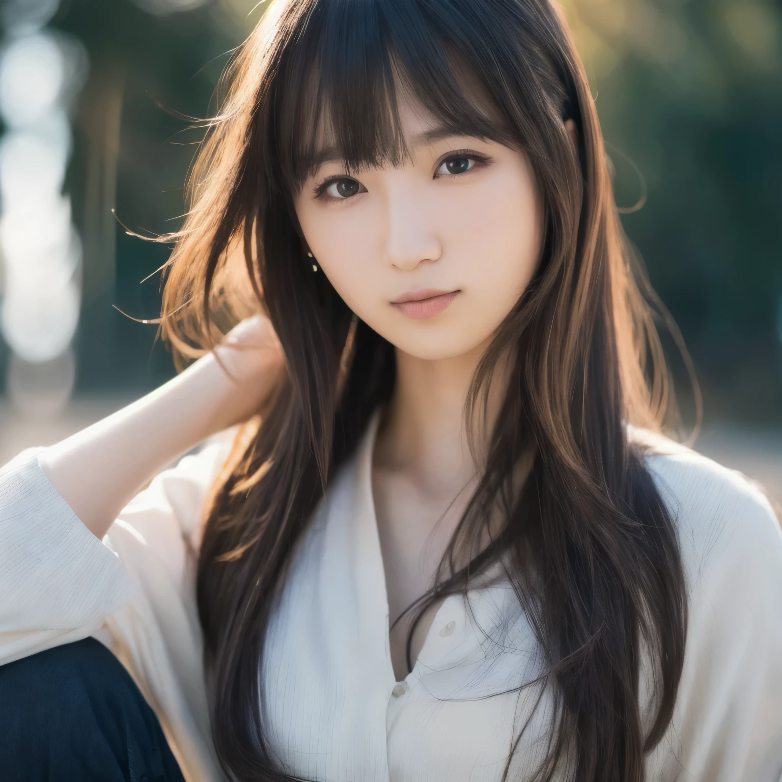 best quality, actual, super detailed, finely, high resolution, 8k wallpaper, 1 japanese woman,25yo,long hair , choppy bangs, ((slender)),((portrait)),
