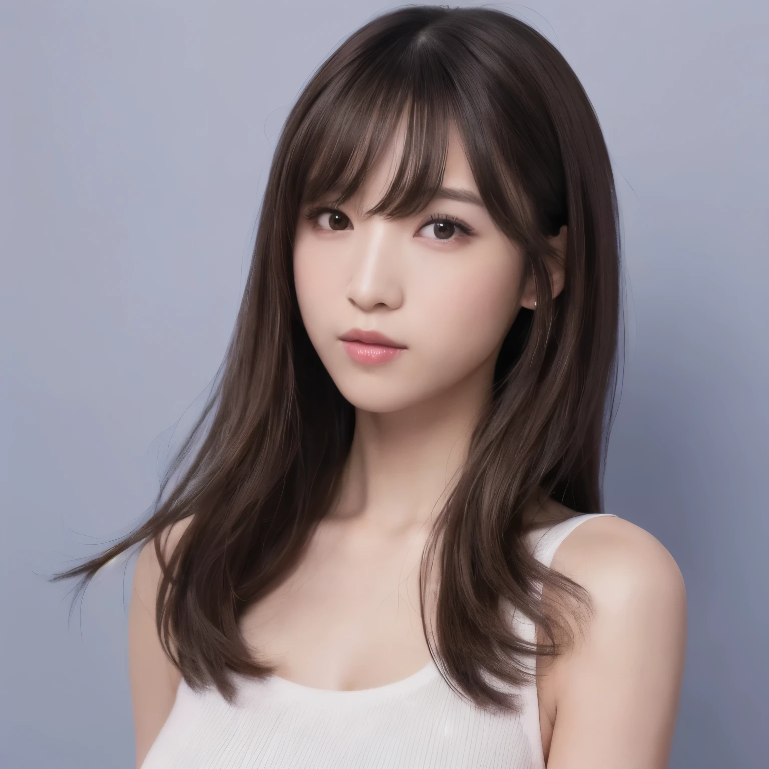 best quality, actual, super detailed, finely, high resolution, 8k wallpaper, 1 japanese woman,25yo,long hair , choppy bangs, ((slender)),((portrait)),
((photorealistic:1.3)),((ultra detailed)),((sharp:1.5)),1woman,28yo, solo, black hair, long hair, original, realistic, looking at viewer, upper body, shirt, white shirt,lips, brown hair, parted lips, photo-referenced, real life, simple background, no makeup, pink lips, blue background, grey background, looking to the side, lipstick, dress,shadow, parted bangs.((8K)),((upper body)),((slender)),wearing w white blause