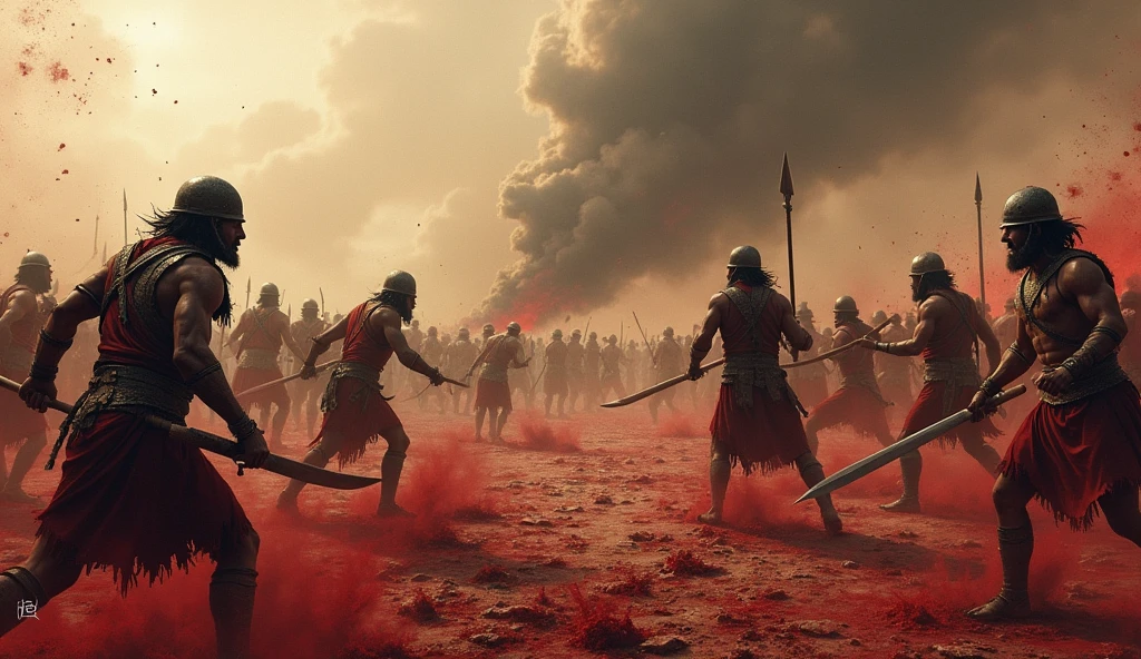 1400 a.c; (masterpiece, best quality) destroyed african village (Mozambique); Zulu warriors fighting great battle;  roses on the floor