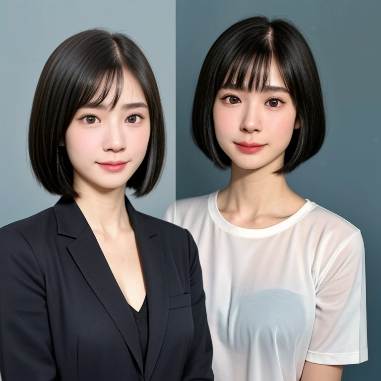 Female, Japanese, 50s, short black hair with gray, brown eyes, friendly impression, casual clothing, face with noticeable lines, fine lines beginning to show, upper body in focus, frontal composition