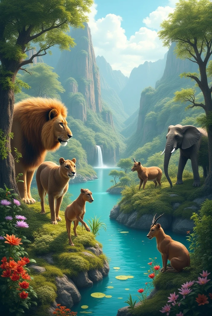 Include every animal possible and only one time and create beautiful forest where lake is there and animals to promote wild life tourism 