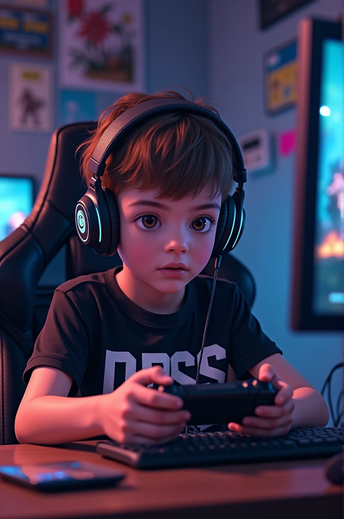 A boy wearing a black t-shirt, with headphone, holding a video game controller,eyes browns,Bblack hair.