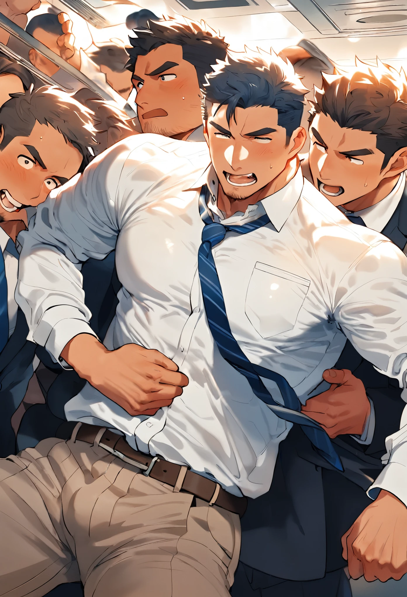 masterpiece, best quality, Japanese, Muscular, shirt、slacks、tie、Crowded train、Molester