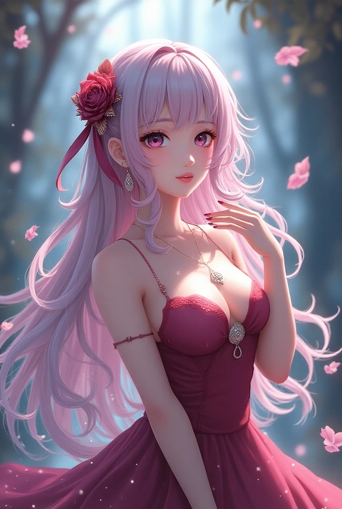 masterpiece, best quality,absurdres,(anime),1 lady,(platinum hair:1.1),short hair,wavy hair,(beautiful pink eyes:1.1),(hair over one eye:1.1),embarrassed,happy,BREAK,(pink cheerleader dress with black lace overlay:1.2),,(pink lace choker with black heart pendant:1.1),(pink and black lace headdress:1.1),BREAK,(nsfw:1.3),nipple,(uppre body),nipple,(from above:1.1),flower background,wet hair, against glass, breasts on glass, breast press