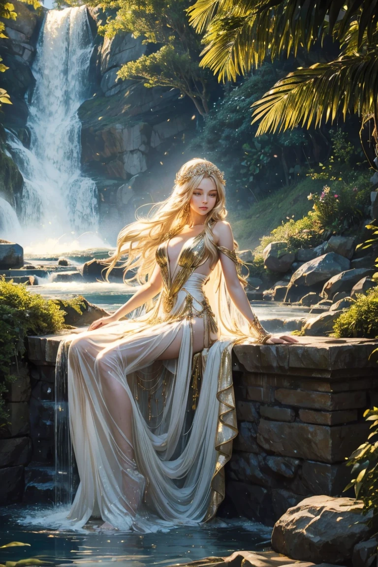 A goddess sitting by a waterfall, her long blonde hair flowing over her shoulders. She wears a translucent white gown with gold ornaments, revealing her figure. Sunlight sparkles on the water, creating a peaceful yet sensual atmosphere.