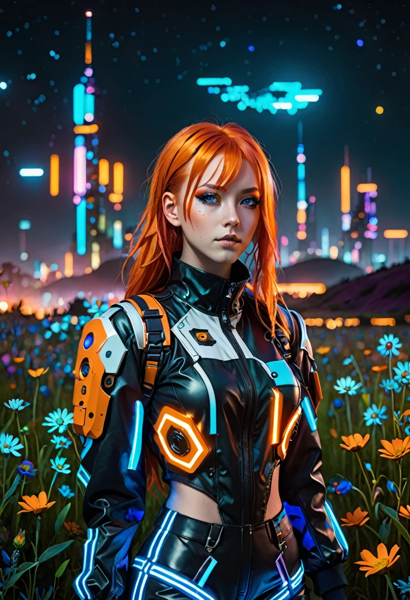 A girl with orange hair, with blue cyberpunk outfit, in a colorful meadow, at night