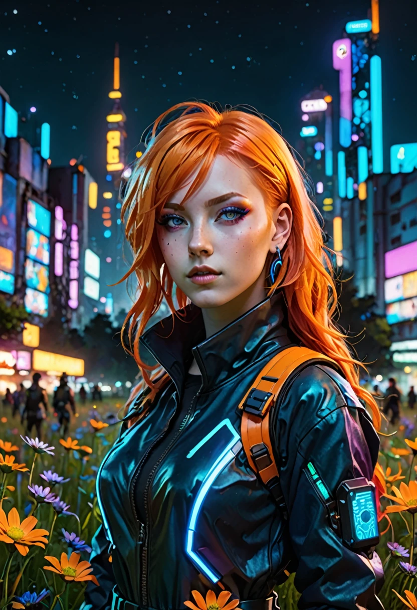 A girl with orange hair, with blue cyberpunk outfit, in a colorful meadow, at night