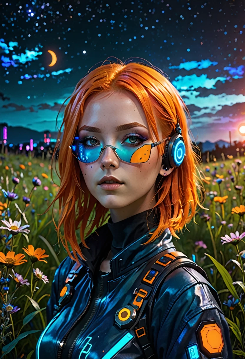 A girl with orange hair, with blue cyberpunk outfit, in a colorful meadow, at night