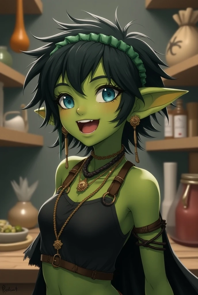 Masterpiece, high quality, (dark Green skin tone), orc, fit, beautiful orc, sexy orc, female, portrait, naked, piercings, Jungle background, black eyes, vivid colors, scars on body