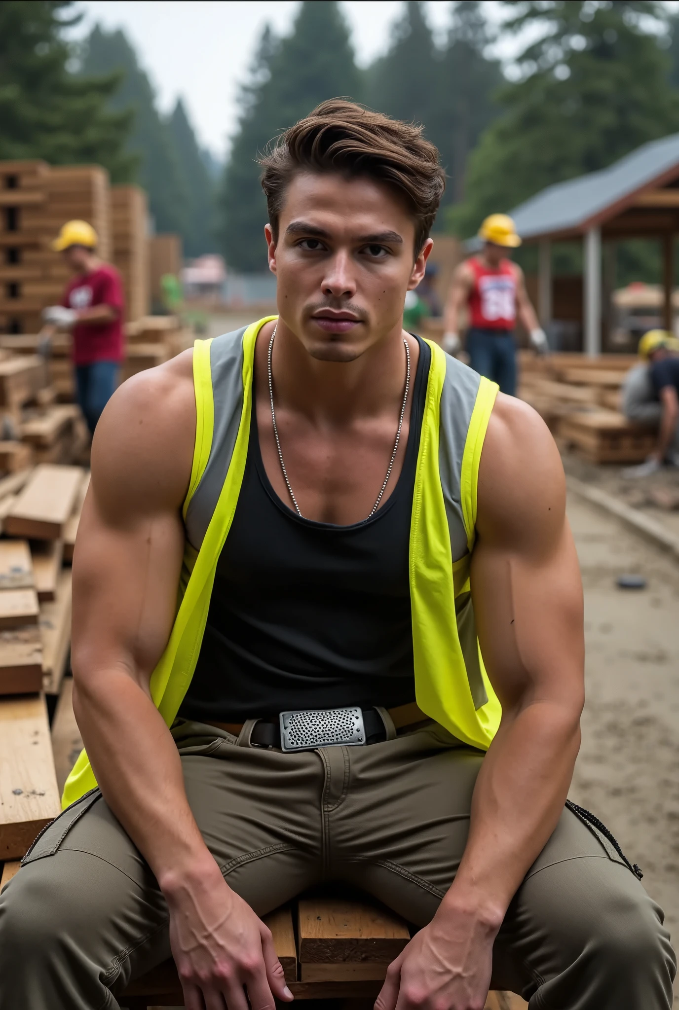 Nicholas Alexander Chavez Sexy Construction Worker, ((masterpiece)), ((best quality:1.2)), High Resolution, 8k, half body image, (ultra_realistic:1.3), (photorealistic:1.4), sharp focus, 1boy, (perfect face), wide angle, handsome, ((tank top, open Hi Vis vest, beige cargo work pants, belt with silver buckle:1.3)), bulge++, brown hair, brown eyes, solo, 1boy, sitting on stack of limber wood, legs spread wide:1.2, consturction zone, toned, big biceps,