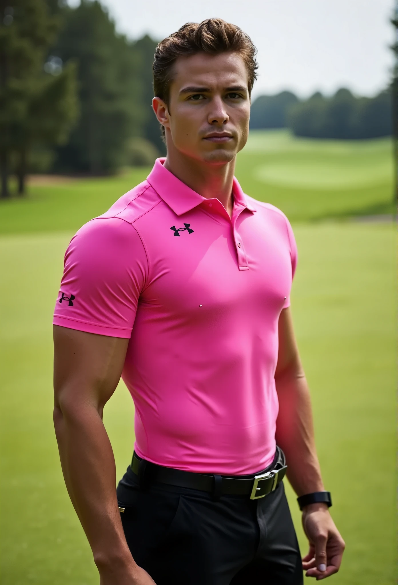 Nicholas Alexander Chavez, ((wearing a tight (pink) under armour golf polo shirt:1.2)), (shirt sleeves tight around his biceps:1.3), ((wearing tight black shorts with black belt with a silver buckle:1.2)), black shorts+++, ((bulge in shorts++)), standing on golf course, (golf course background:1.3), male focus, ((upper body image:1.2)), dramatic lighting, defined toned body, looking at the viewer, brown eyes, brown hair, confident, wide angle,