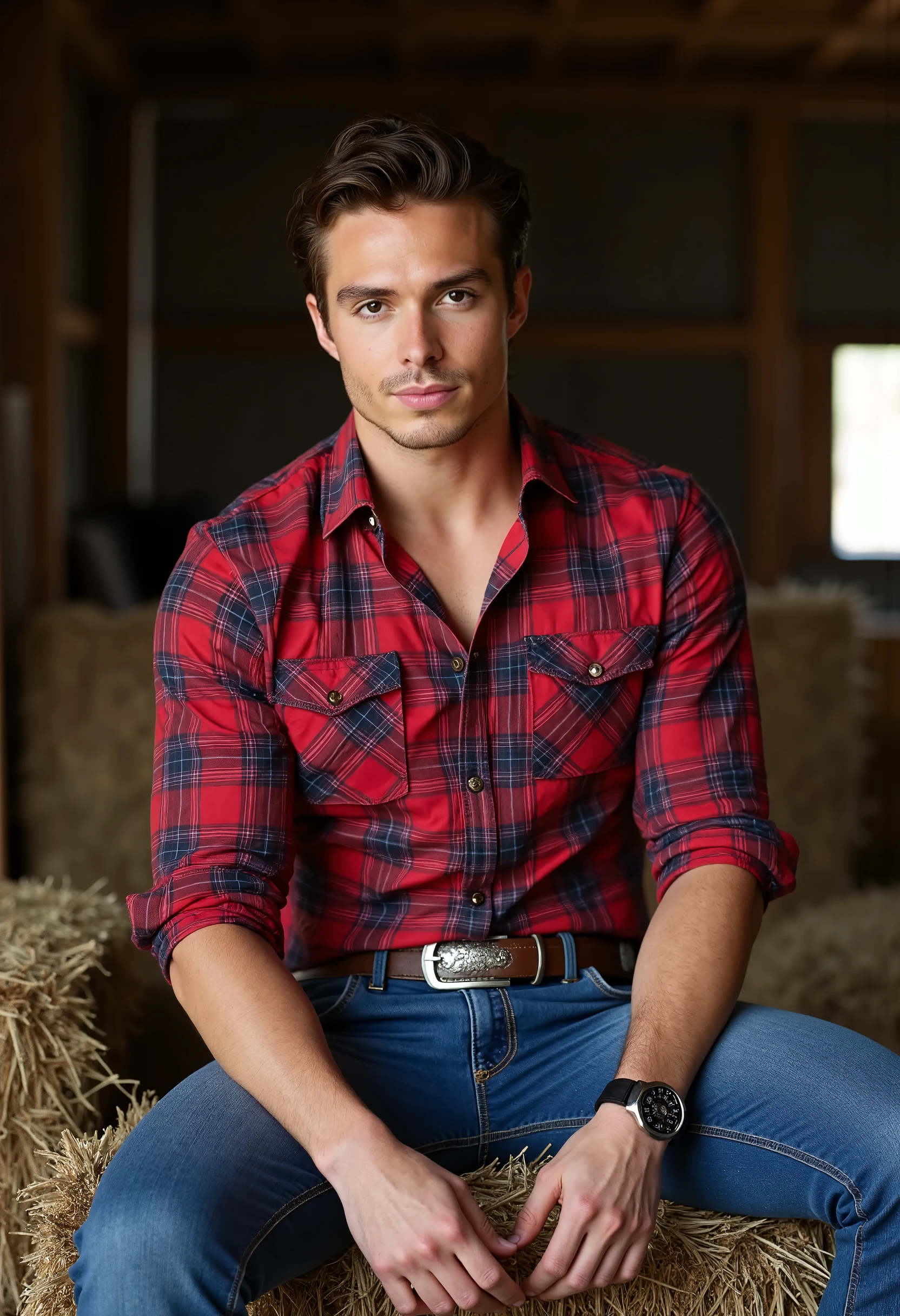 (inside of barn), toned Nicholas Alexander Chavez, ((sitting on bales of hay)), legs spread open, slight smile, sexycowboy, (tight red plaid shirt), denim blue jeans, belt, (shiny belt buckle), brown eyes, brown hair, masterpiece, (((full body portrait))), ((full body)), wide angle, (looking at viewer), highly detailed, (high skin detail), (high face detail), photorealistic, RAW photo, soft lighting, high quality, clean shaven