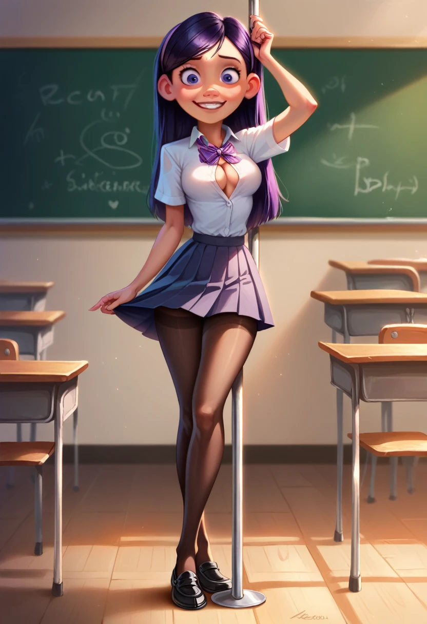  Violet Parr- Incredible , school uniform, pole dancing,  Disney Pixar animated style, detailed face, beautiful eyes, medium breasts, nice legs, full body, School shoes,  transparent black tights , beautiful figure, refine , improve quality, sexy, Smiling, classroom, White open blouse, upskirt, NSFW