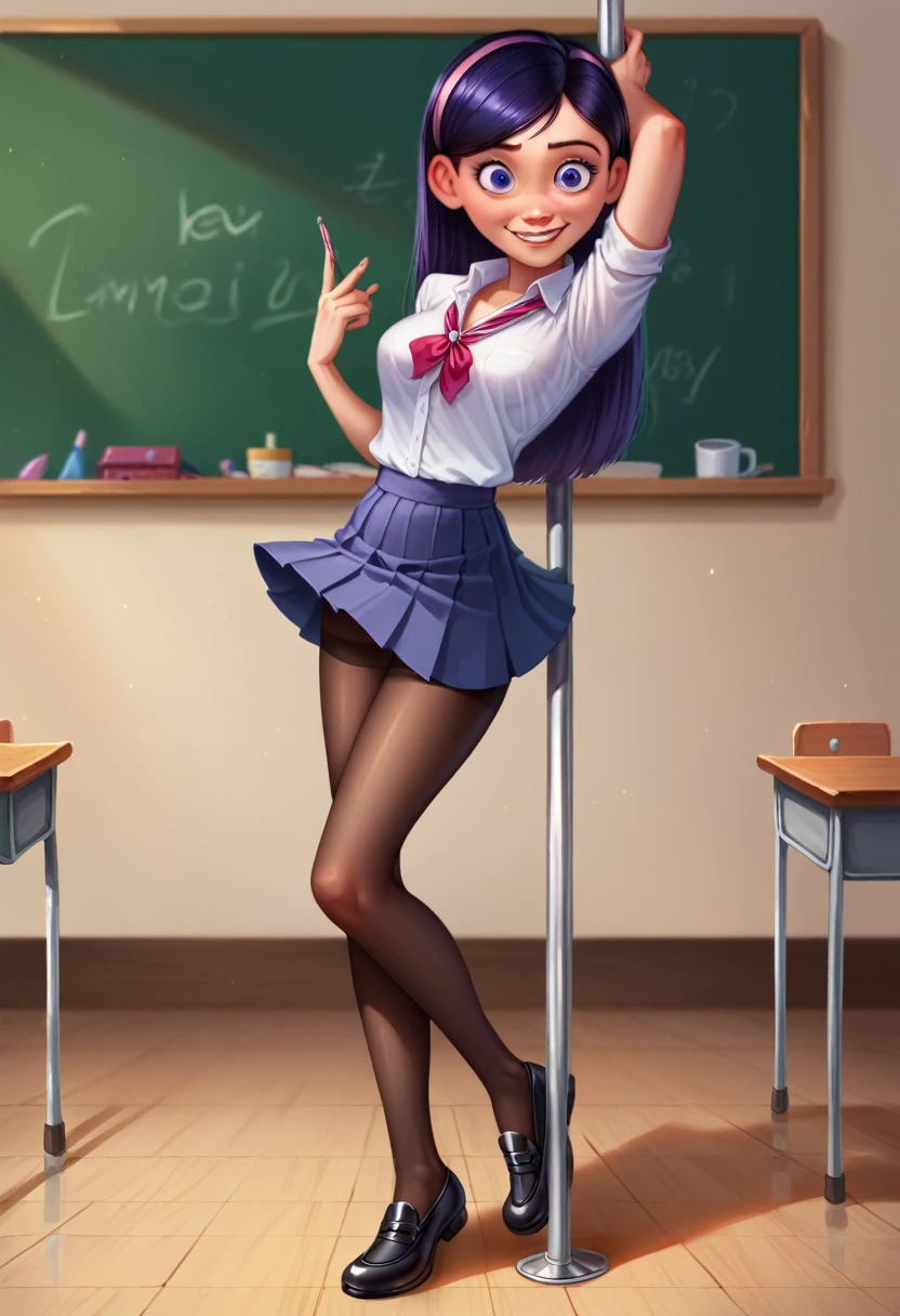  Violet Parr- Incredible , school uniform, pole dancing,  Disney Pixar animated style, detailed face, beautiful eyes, medium breasts, nice legs, full body, School shoes,  transparent black tights , beautiful figure, refine , improve quality, sexy, Smiling, classroom, White open blouse, upskirt, NSFW