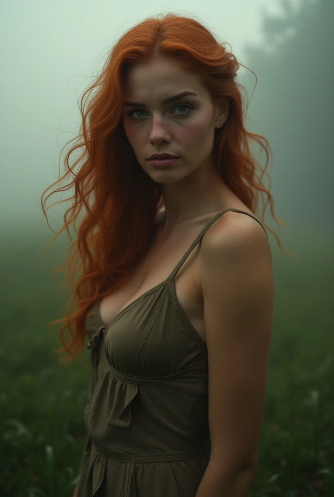 sunset)) redhead model girl with juicy figure and big breasts, perfect eyes, (Eye makeup:1.1), (highly detailed skin:1.1), RAW, analog style, sharp focus, 8k UHD, DSLR, high quality, Fujifilm XT3, grain, award winning, masterpiece. ((( оверсайз белая рубашка))) A vivid evocative and captivating scene featuring a beautiful 19 years old girl drenched by the gentle rain, wearing a sweater, walking with enchanting allure through the misty Connemara moor, soaked, bringing to life the sensory details of rain-soaked attire, the ethereal ambiance of the moor, and the girl's resilient yet graceful presence amidst the natural beauty that surrounds her, Aesthetic artwork, irish mystical vibe, wavy ginger hair, shoulder length hair, hair in the wind, gray eyes, light grey eyes, pale skin, freckles, A-cup, small breasts, runners body, wet (textured skin, skin pores:1.1), goosebumps, (extremely detailed 8k wallpaper), natural lighting, Nikon Z8 + NIKKOR Z 24-120 mm f/4 S, High Detail, Sharp focus, crazy details, complex details, hyperdetailed, wet, Connemara mountains in the background