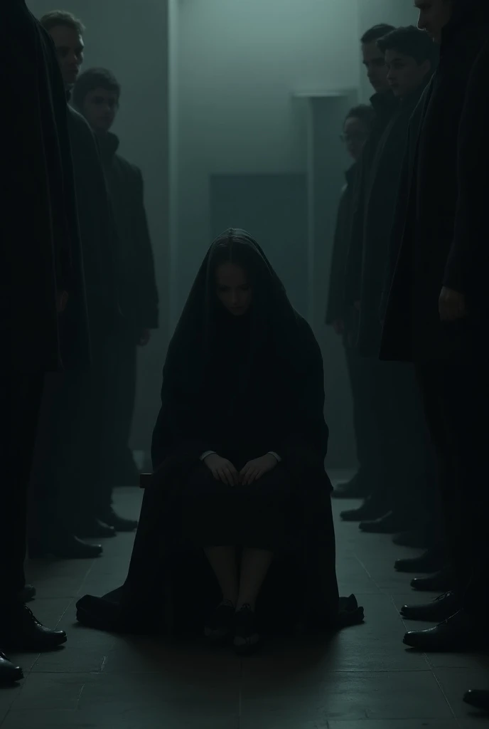  woman with doctor uniform  siting backside scared laying on ground injured feeling alone with darkest atmosphere 10 men standing with devil faces art style