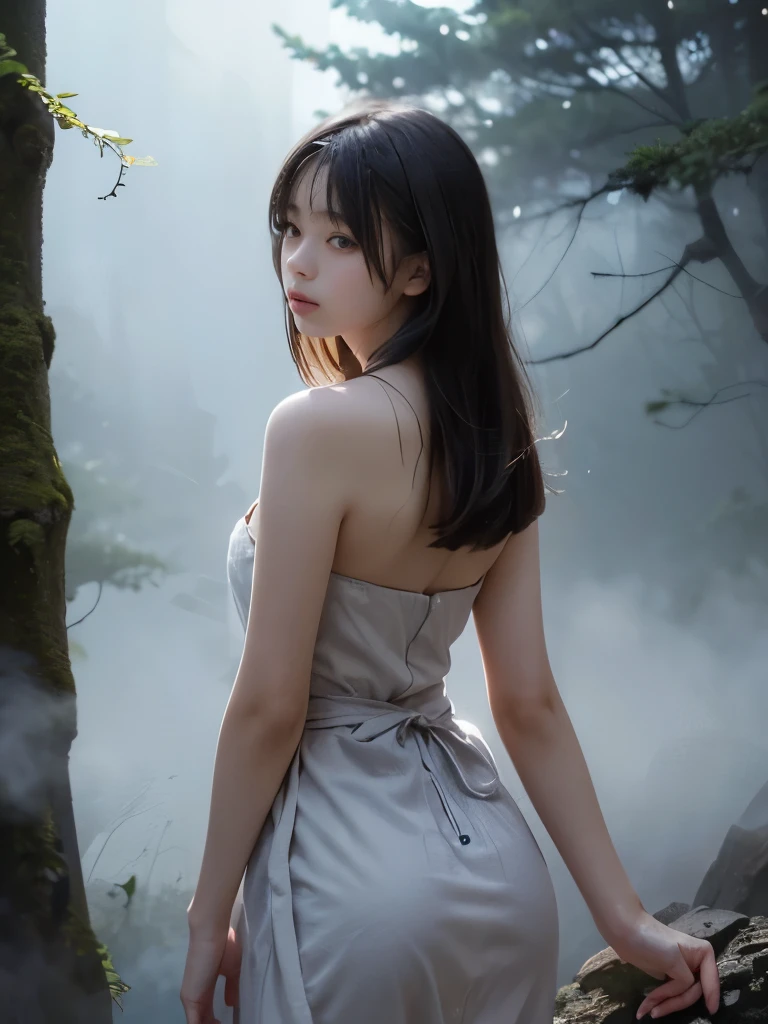 (Best Quality, 16k, Realistic:1.2), Japanese girl in a misty forest at night , (Detailed skin, Sweet Dress), (Long Hair:1.3, Short bangs), (Mysterious lighting , Thick Fog:1.4), 16K film-like , captures the essence of a Japanese teenagen the fog of the forest at night, adorned in a delicate Sweet Dress, with long flowing hair and Short bangs. The Detailed skin is meticulously depicted in high resolution, exuding a Realistic quality. The scene is wrapped in a mysterious atmosphere , with Thick Fog enveloping the surroundings, creates a mystical atmosphere under enchanting lighting , flat chest,Thin legs,Slim body,Small waist,Small waist,