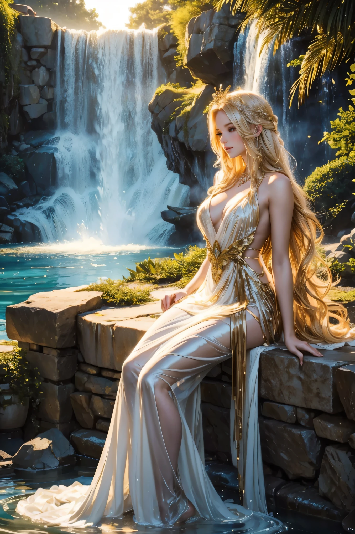 A goddess sitting by a waterfall, her long blonde hair flowing over her shoulders. She wears a translucent white gown with gold ornaments, revealing her figure. Sunlight sparkles on the water, creating a peaceful yet sensual atmosphere.