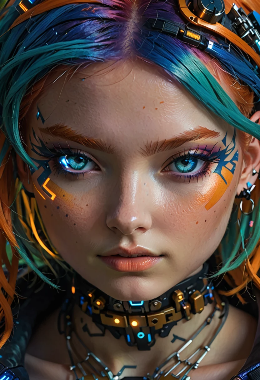 A girl with orange hair, with blue cyberpunk outfit, in a colorful meadow, at night