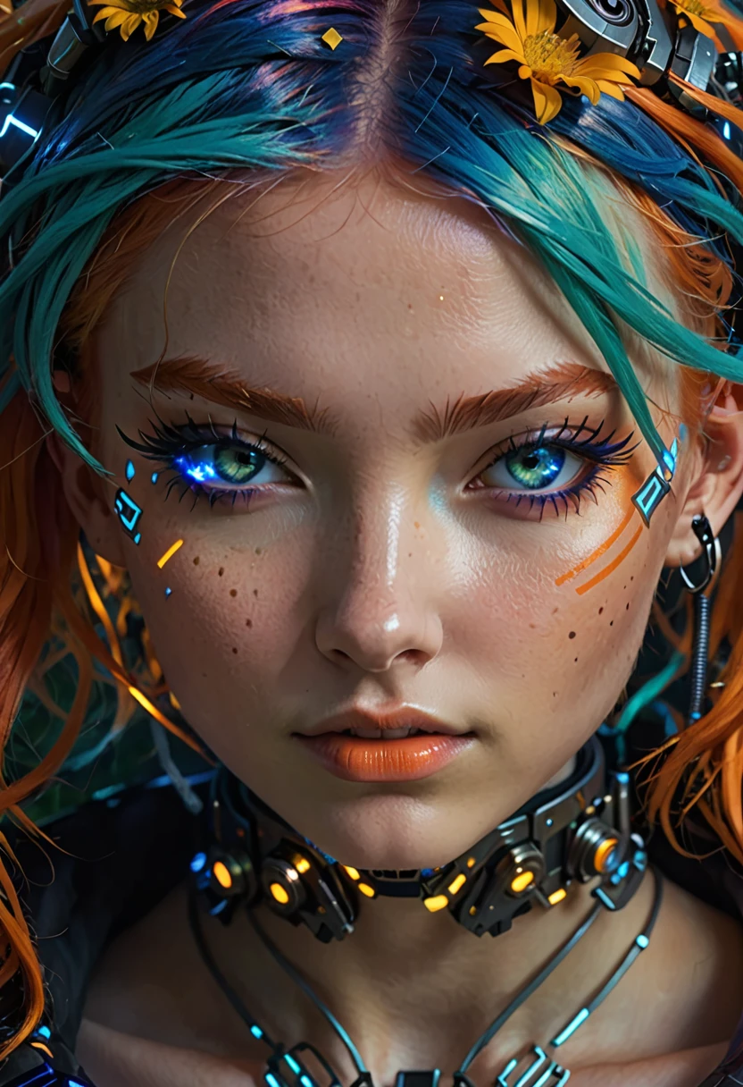 A girl with orange hair, with blue cyberpunk outfit, in a colorful meadow, at night