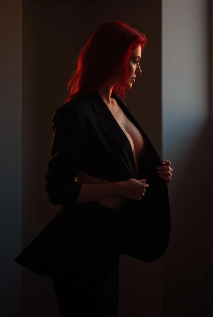 naked and sweaty red head girl, full body shot, in dance studio, in panties, tight panties, view from behind, nsfw. passionate. sexual. erotic. pornographic