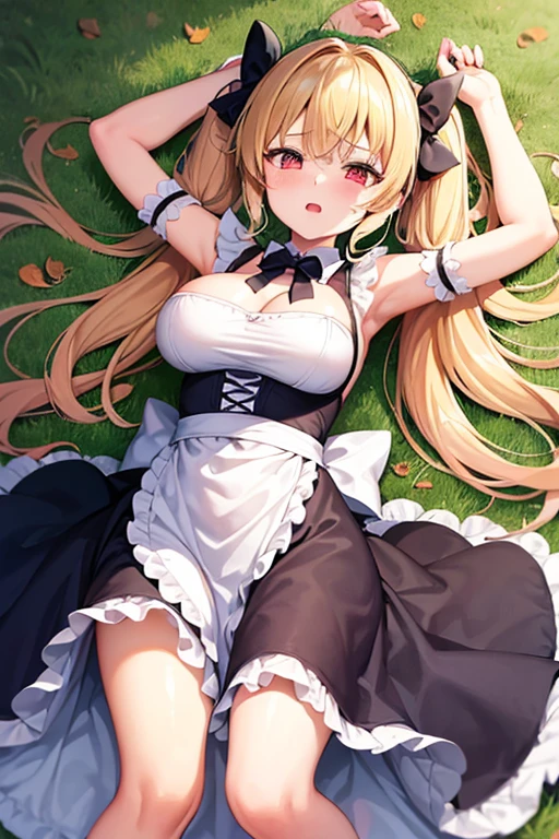 ((highest quality、High resolution、8K、masterpiece:1.3))、1 girl、unparalleled beauty、ultimate beauty、super detailed face、delicate eyes、smile、sexy look、Depth of the bounds written、light particles、side light、((blonde、maid、maid服、no panties))、(((expression of ecstasy、Looks embarrassed、人通りの多い公衆の場でhaving sex、having sex、Lying、spread legs、複数の男性からbeing forcibly raped、being forcibly raped)))、perfect body、beautiful breasts、nipple、tits、Thighhighs、thighs、Love juice dripping from the pussy