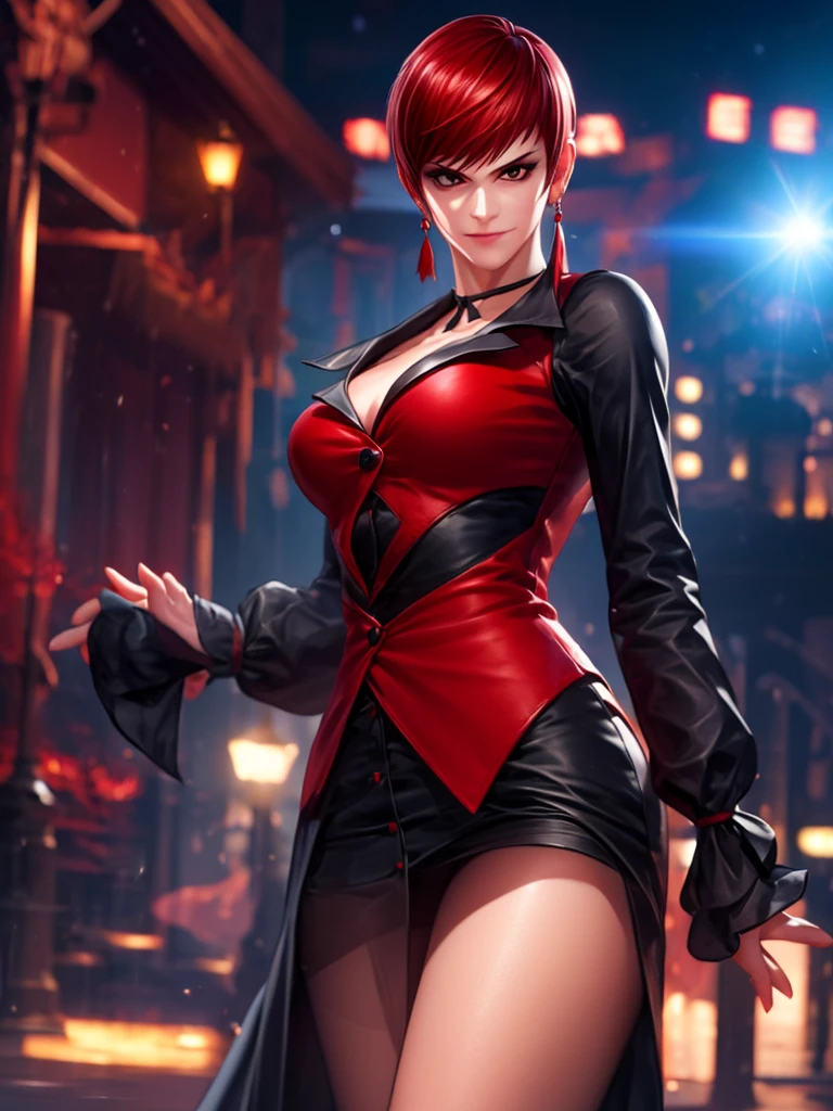 Woman in her 30s, alone, alone, athletic, very short red hair, ultra detailed, looking furiously at viewer with very upset eyes, upset and crazed gesture, has demonic costume, digital art, moonlight, young woman, perfect hands and beautiful. with perfect fingers, perfect legs, beautiful body, beautiful nose, beautiful character design, perfect face, looks at the viewer (focusing on the entire character), closed mouth, Light_Smile, official art, wallpaper 8k CG extremely detailed unit, lighting perfect, bright and colorful front lighting, glowing skin (masterpiece: 1.0), (best quality: 1.0), ultra high resolution, 4K, ultra detailed photography, 8K, HDR, high resolution, nonsense: 1.2, Kodak portra 400, grain film, blurred background, bokeh: 1.2, lens flare, (vibrant_color: 1.2), professional photography, (beautiful_face: 1.5), (narrow waist)
