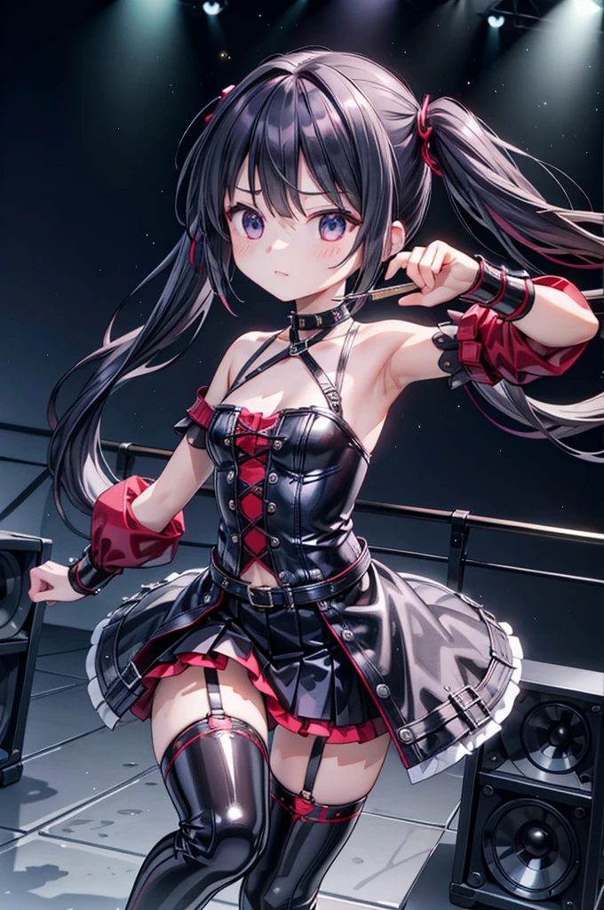 最high quality、Best image quality、masterpiece、girl((20-year-old、 By becoming、Best Bust、Medium Bust,Wide open breast tea、red glowing eyes, Black and red hair、Disheveled Hair、Long Hair、thin,The highest valley、White tank top、Red short skirt、Open chest、White wristband、smile、Leaning forward、hair ornaments、Angle from behind、Lointail、Looking at smartphone、Movement to go up the stage、Sports Cap、Many accessories)),high quality、Beautiful art、background((futuristic city、stage,Arena))、Flight、Flying debris、Written boundary depth、movie、Visual Arts、Perfect art、8K,Genuine、