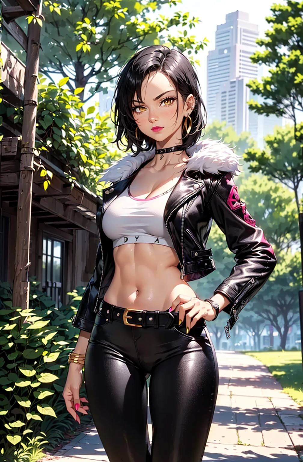 ((1girl, solo ,alone, (Merlin7DS, short hair,balck hair, yellow eyes), gold bracelets, ruby earrings)), ((solo, 1woman, pink lipstick, Extremely detailed, ambient soft lighting, 4k, perfect eyes, a perfect face, perfect lighting, a 1girl)), austere, , ((fitness,, shapely body, athletic body, toned body)), (( biker woman, rocker woman, punk woman, black jacket, leather jacket, gray t-shirt, black pants, leather pants, belt, , park, , trees, , sunny day, smug))