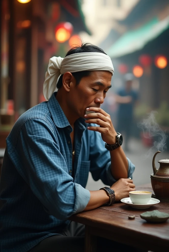 An Asian man drinking bitterly in a dark, shabby room with a sad expression after losing all his money in business.