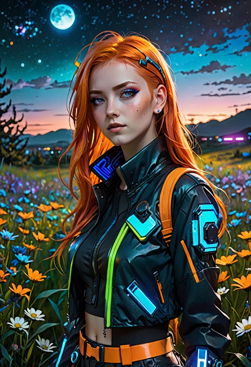 A girl with orange hair, with blue cyberpunk outfit, in a colorful meadow, at night