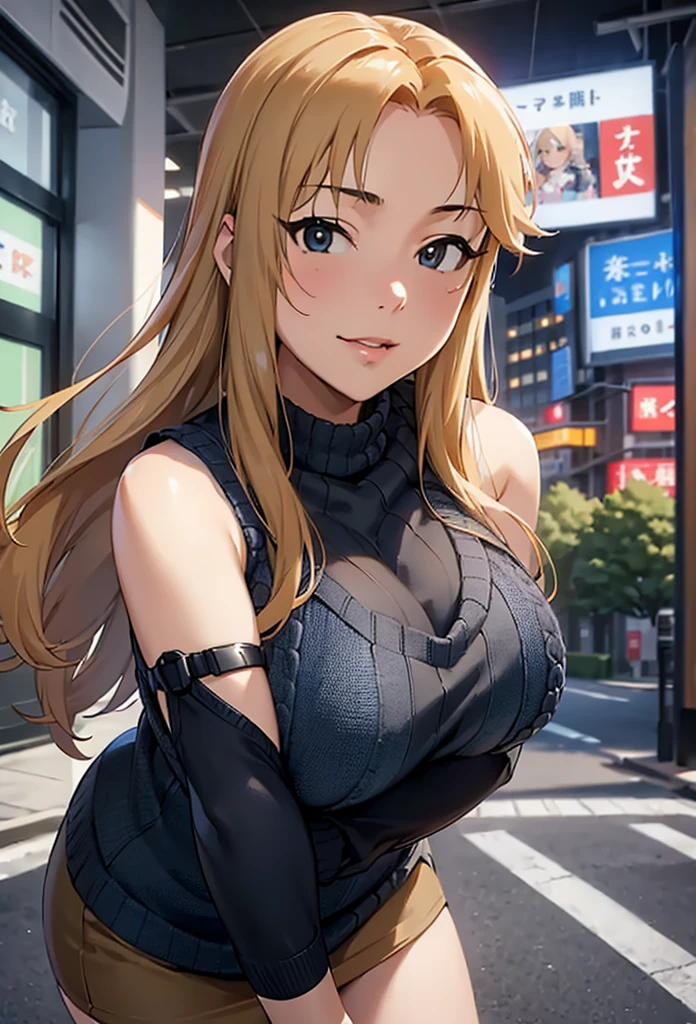 (Realistic, photoRealistic:1.4), null　Around town、building、Sleeveless、白sweater、Cleavage、Big Breasts、Blonde、Tight skirt