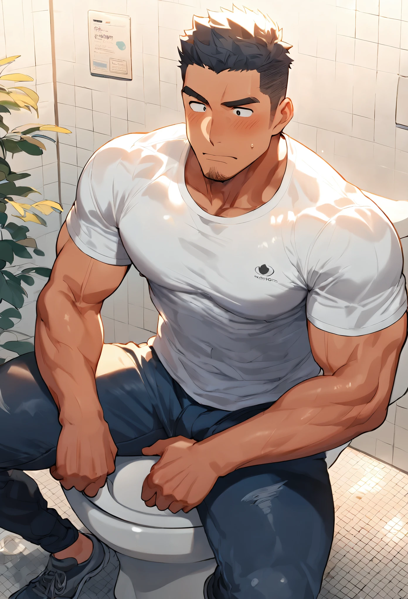 masterpiece, best quality, Japanese, Muscular, Private toilet、T-Shirts、Surprised face