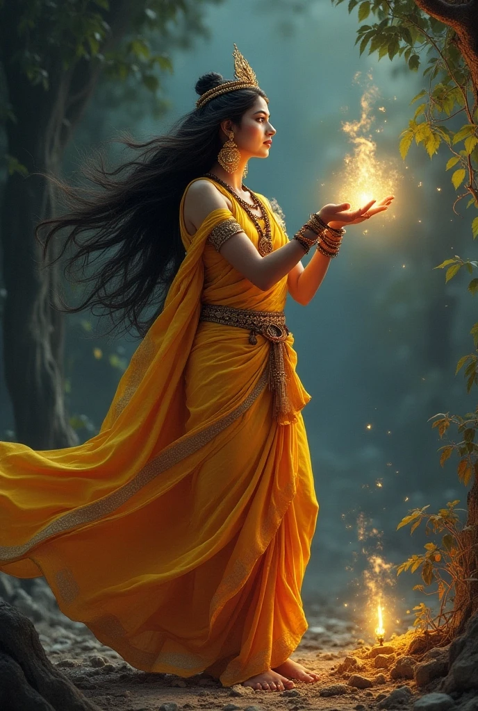 In the cemetery, a beautiful woman adorned with golden jewelry, Raj-Lakshmi, dances wildly, her face showing sorrow as she cries without tears. She is surrounded by darkness, her figure illuminated by a ghostly light. Veeravar stands nearby, watching in concern."