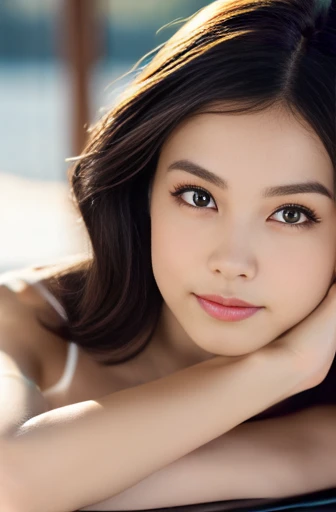 (row photo, Best quality,8K,high resolution,masterpiece:1.2), ( A japanese girl) , (light smile:0.2), Delicate face, Delicate eyes, Dark brown hair, (glowing dark brown eyes:1.4), large breast, Seductive pose, (Sexy lace Lingerie), Dynamic pose, Shy face, Bright lighting, Face Light, Smooth Professional Lighting,