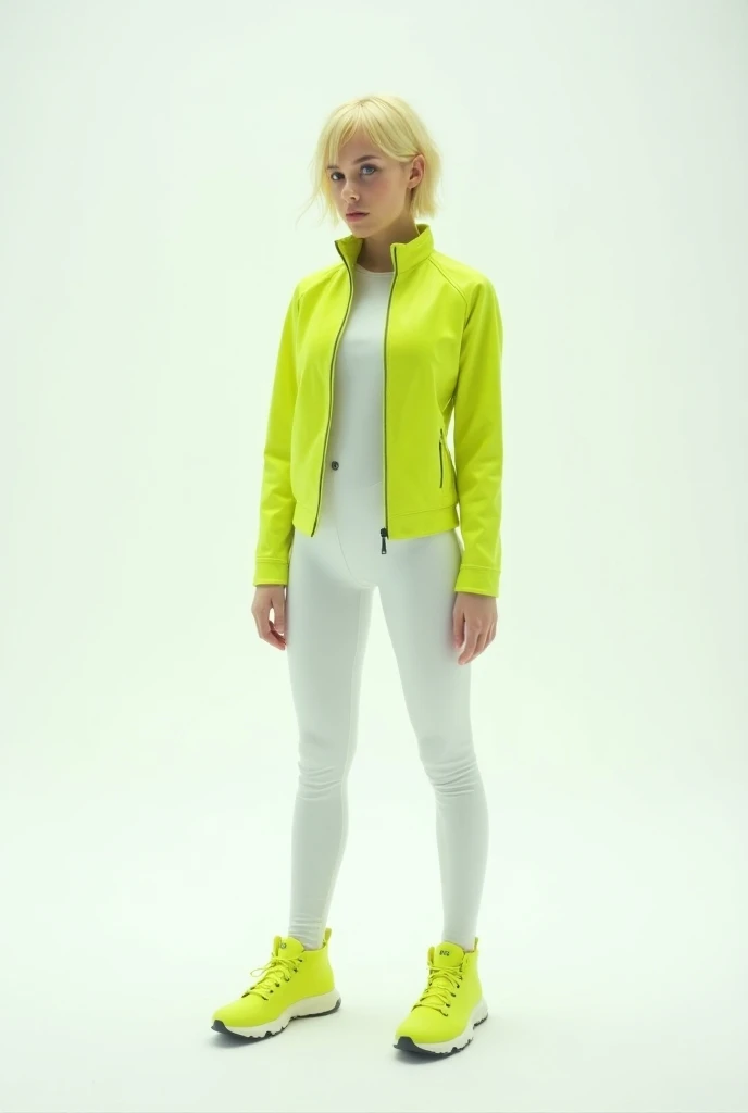 1girl, solo, white background, wattson, masterpiece, highly detailed, blue eyes, blonde hair, short hair, Fluorescent green jacket, Rubber Gloss, white rubber skinsuit, Yellow skateboard shoes, white pants, blush, plain background