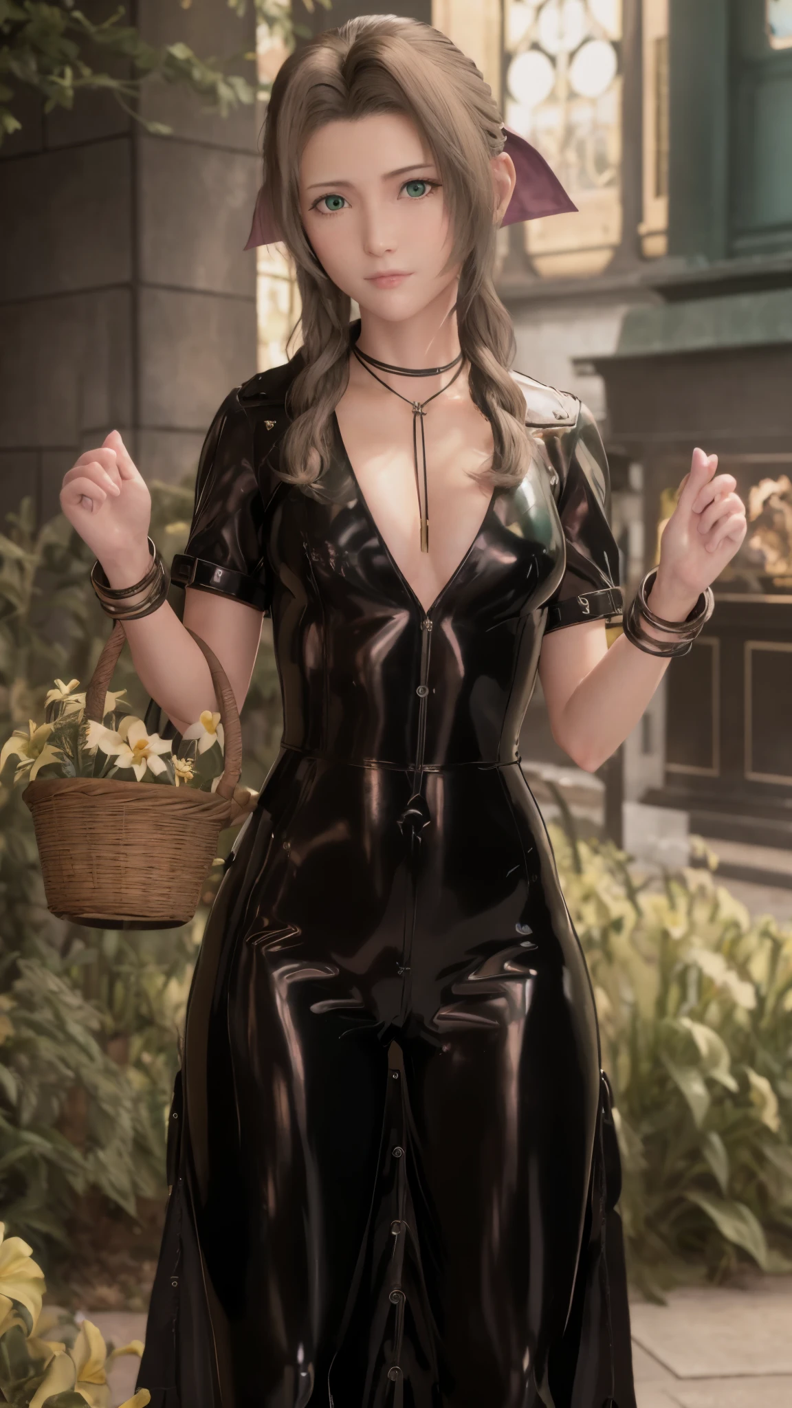 Like the picture, CG, Best Quality,  highly detailed masterpiece ,  very detailed CG unity 8K wallpaper , fine, Best Quality, Very high resolution,  very detailed beautiful detailed illustration of one girl ,  Aerith Gainsborough , Solo,  full body shot,  light texture and light on the face ,  a latex suit that fits all over Wear ,  black latex catsuit ,  latex suit PVC ,  latex long skirt , latex is extremely shiny , Long-haired, necklace,  jewelry ,  dark green eyes ,  has a basket ,  lip details , As a Westerner , Have、 has very detailed green eyes and very detailed eyes,  staring at the viewer , smile, Against the background of the garden, flower,  glowworms ,