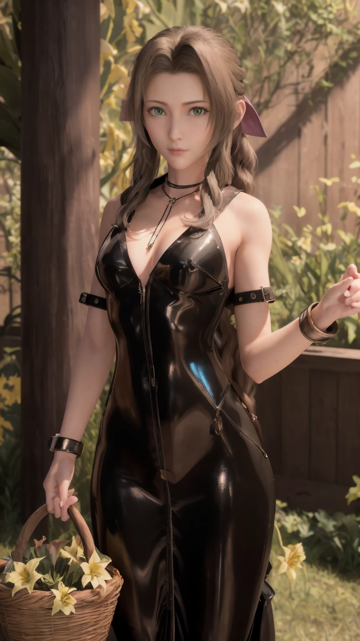 Like the picture, CG, Best Quality,  highly detailed masterpiece ,  very detailed CG unity 8K wallpaper , fine, Best Quality, Very high resolution,  very detailed beautiful detailed illustration of one girl ,  Aerith Gainsborough , Solo,  full body shot,  light texture and light on the face ,  a latex suit that fits all over Wear ,  black latex catsuit ,  latex suit PVC ,  latex long skirt , latex is extremely shiny , Long-haired, necklace,  jewelry ,  dark green eyes ,  has a basket ,  lip details , As a Westerner , Have、 has very detailed green eyes and very detailed eyes,  staring at the viewer , smile, Against the background of the garden, flower,  glowworms ,