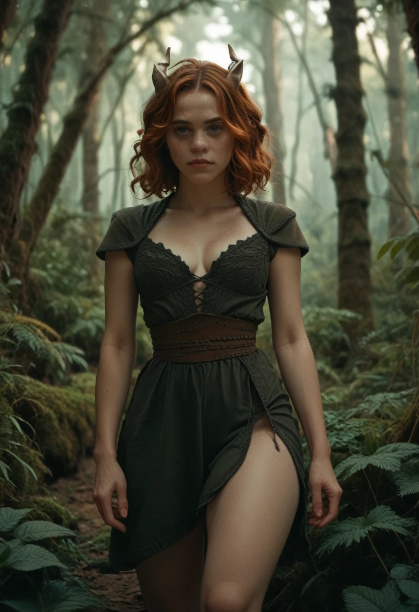 (Doric with horns) thighs-up shot, sexy, flirting, in a deserted forest