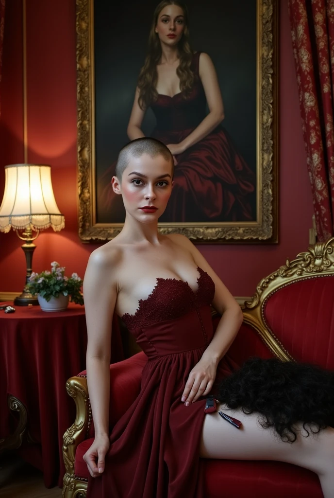 (A woman is aroused looking at the viewer), the scene is a surreal, luxurious image of a woman sitting elegantly on a lavish, baroque-style couch with ornate golden carvings. She is dressed in a flowing, crimson red dress with delicate lace details that catch the soft ambient light. (((She has shaved her head completely bald to the skin which is pale white))), similar she has a pale freckled ethereal face. The room around her is richly decorated, with heavy velvet curtains in a deep crimson hue and walls adorned with intricate, golden floral patterns. A vintage lamp casts a warm glow, contrasting with the cool blue light that illuminates her. ((There is a large pile of dark hair and a pair of hair clippers on the center of her lap)). The scene has a cinematic, dreamlike quality, with subtle hints of abstraction—the colors appear rich and saturated, giving the room an almost otherworldly atmosphere. (In the background, a mysterious, shadowy detailed painting of her with long flowing hair, hangs on the wall), adding a sense of intrigue. Both the painting and her are in focus.
