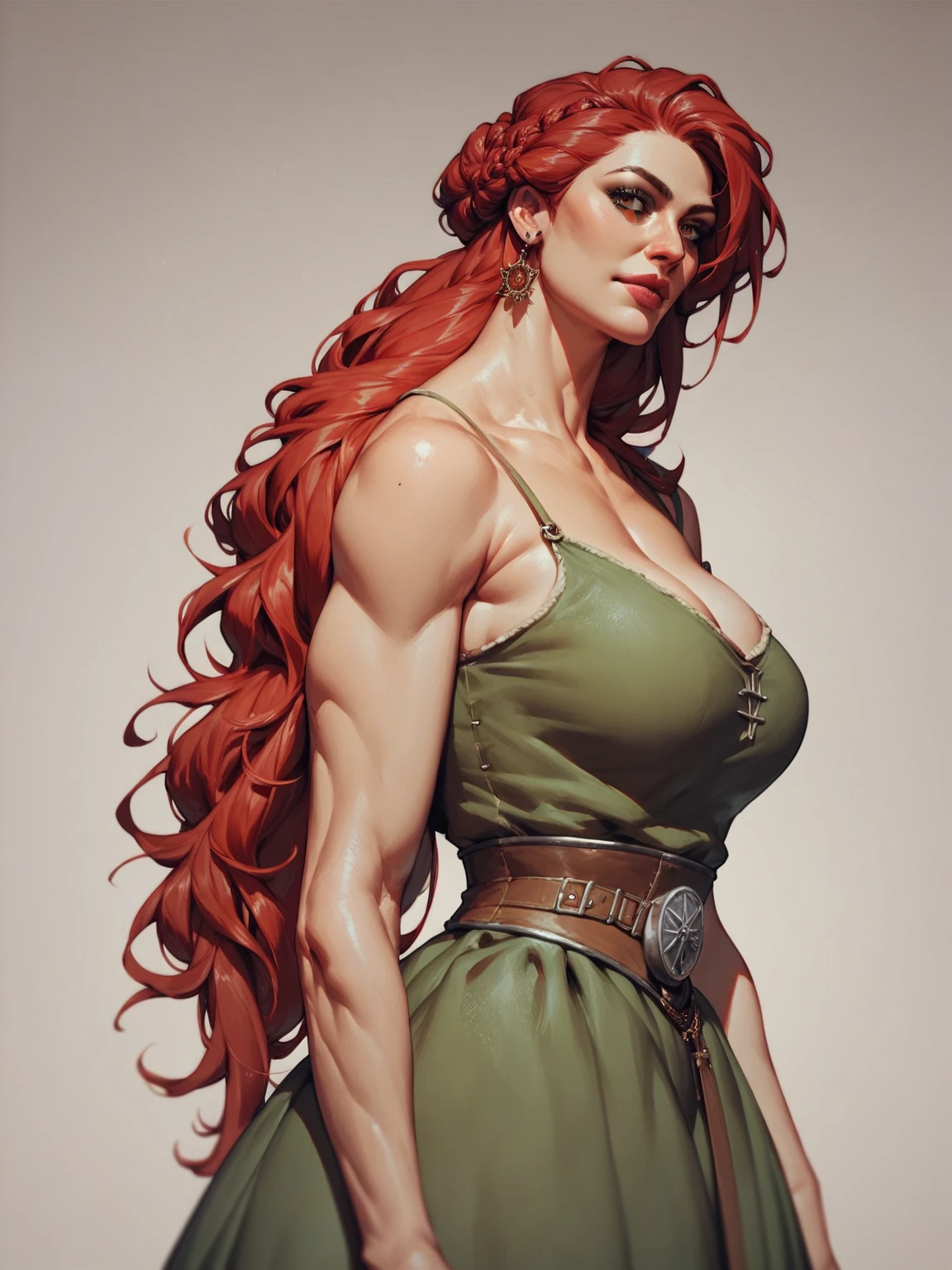 {{ upper body ,  dutch angle }}  1 girl, tall woman, Red hair, sexy, daring medieval dress 