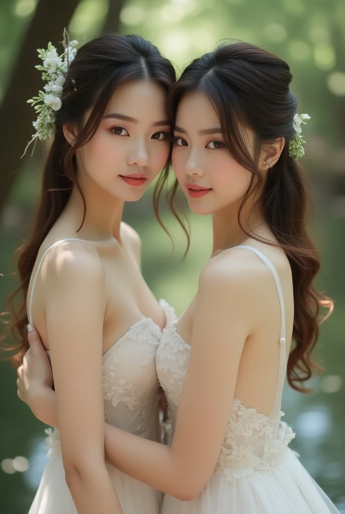 (Highest quality:1.4),(masterpiece:1.4),(Realistic:1.4),(Realistic:1.2),(超High resolution, RAW Photos:1.4),(High resolution, Very detailed:1.2),(8k:1.2),photograph,(Shot from behind:1.3)、Korean women、brown hair photos,One Woman,alone,(In underwear),Very large breasts,((Thigh to head shot:1.3))、(((topless、You can see her large breasts from the side.)))、((Toothy smile))、((Very large breasts:1.4))、Realistic skin textures、Slightly freckled、Slender figure、Realistic skin textures、((background,Concrete wall:1.3)),(topless,The breast is visible from the side:1.6),(Long lace slip,White)、3 woman、The angle at which the nipple is not visible、((Updo long hairstyle))、((Black,Long lace slip:1.4))、Correct toes、Detailed facial features、Long slip covers the buttocks and soles of the feet、Long slip covers your butt、