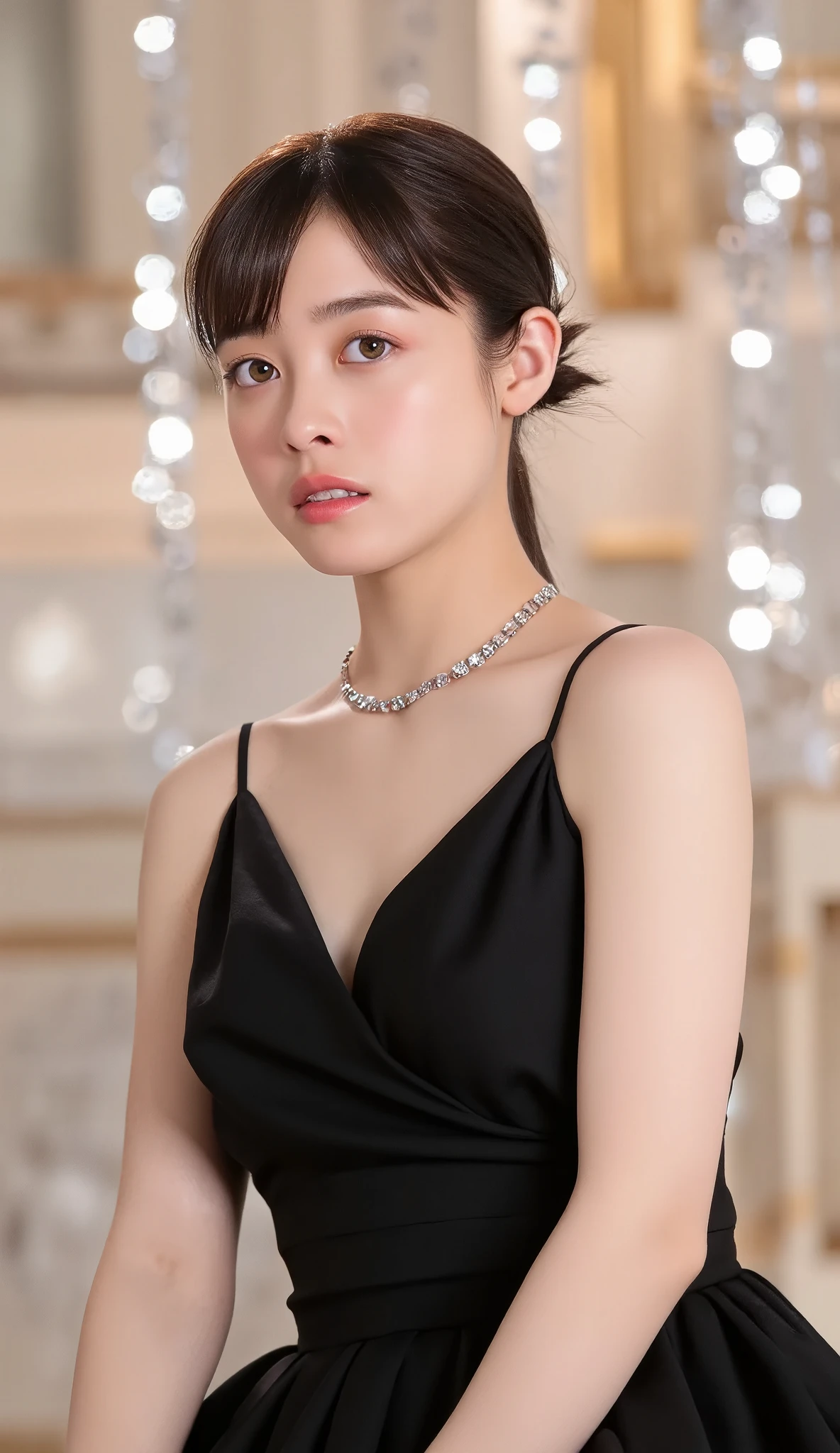 (masterpiece, best quality:1.2), 1girl, solo，Perfect looks，Perfect balance，Black Silk Dress,simple diamond necklace，(((Blurred Background)))，Luxury palace,Sparkling Room、，(Please redeem: 1.1), (Realistic: 1.1), (photograph: 1.1), (Very detailed: 1.1),