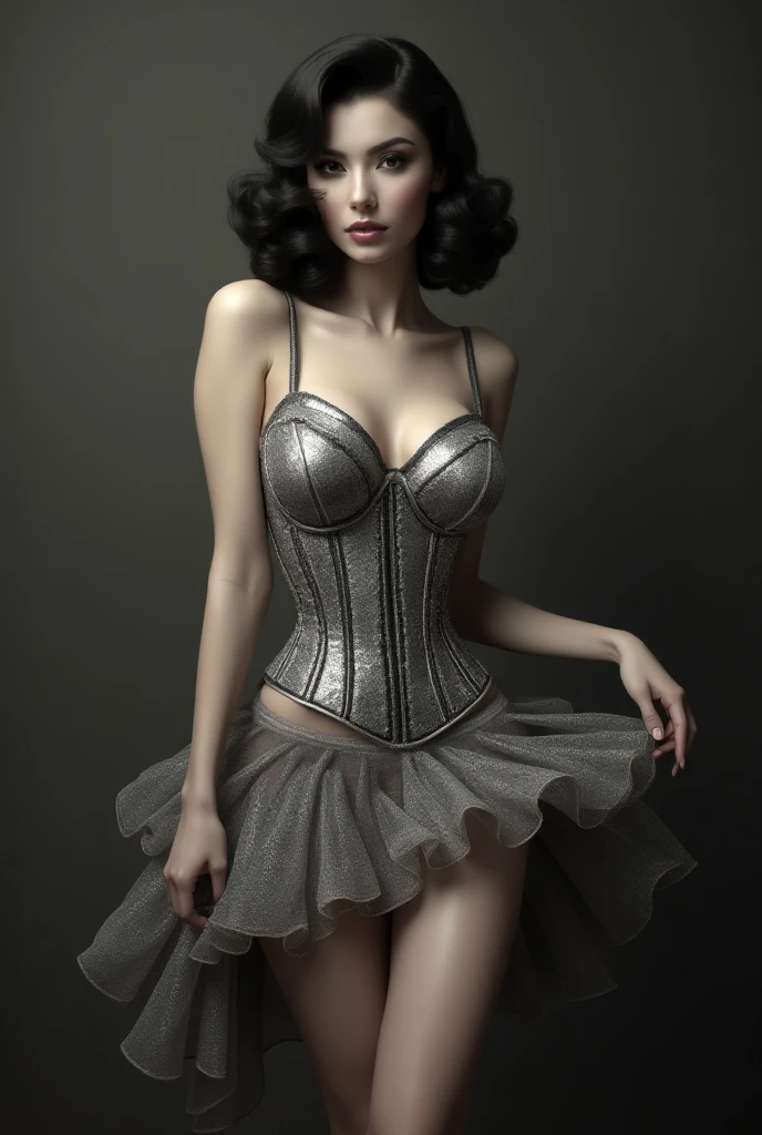 (1960s \(style\)), pin-up style, voluptuous woman in a tight-laced corset, huge hanging breasts spilling over the top, skindentation, ornate filigree, perfectly styled hairdo, parted lips, juicy lipstick, ruffled panties, long legs, thick thighs, stockings, soft lighting