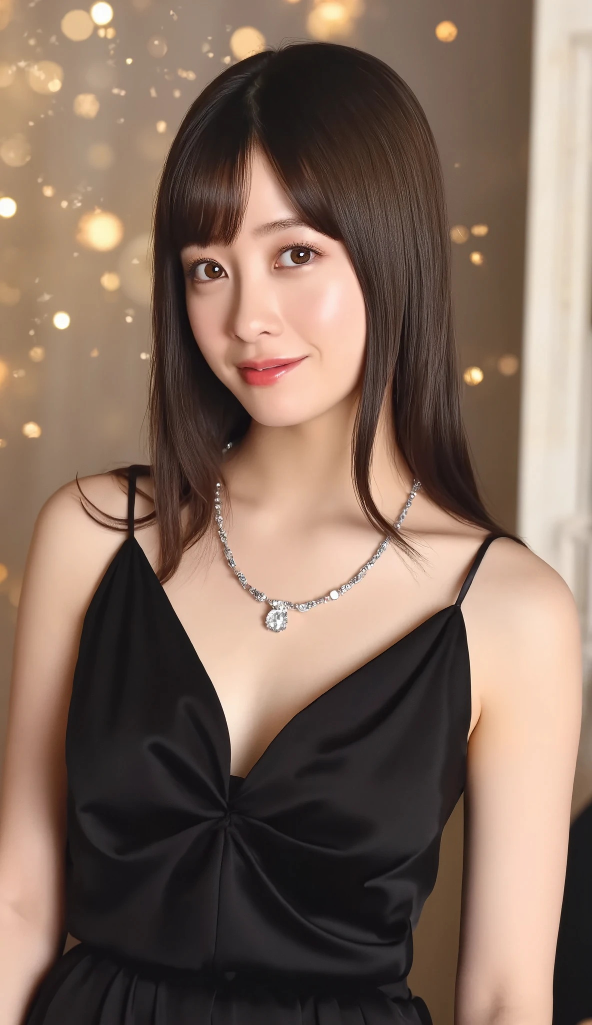 (masterpiece, best quality:1.2), 1girl, solo，Perfect looks，Perfect balance，Black Silk Dress,simple diamond necklace，(((Blurred Background)))，Luxury palace,Sparkling Room、，(Please redeem: 1.1), (Realistic: 1.1), (photograph: 1.1), (Very detailed: 1.1),