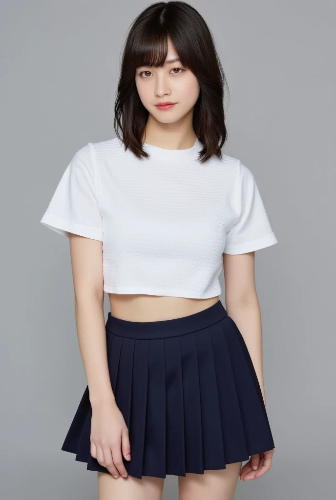 perfect composition, Proper placement, close, Beautiful Japanese Women, Brown Hair, Bob Cut Hair, Brown eyes:1.21, Clear Eyes,  Perfect beauty, compensate, Pink lipstick:0.98, Perfect Anatomy, Small head, The classic sailor uniform from a prestigious metropolitan high school, White uniform, Short-sleeved sailor uniform:1.21, sera fuku:1.21, I can see your belly, Navy blue pleated mini skirt, Perfect beauty, Like a positive movie:1.21, (A photograph of a film frame captured on positive film:1.5), Gray simple background, sexy, orgasm, , Dramatic lighting, 