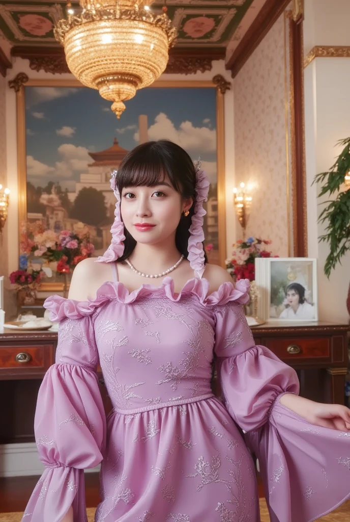 Attractive woman, Antique room, A girl who changes from a photo to an animation as she moves from left to right on the screen, The background changes gradually from animation to photography from left to right of the screen., 