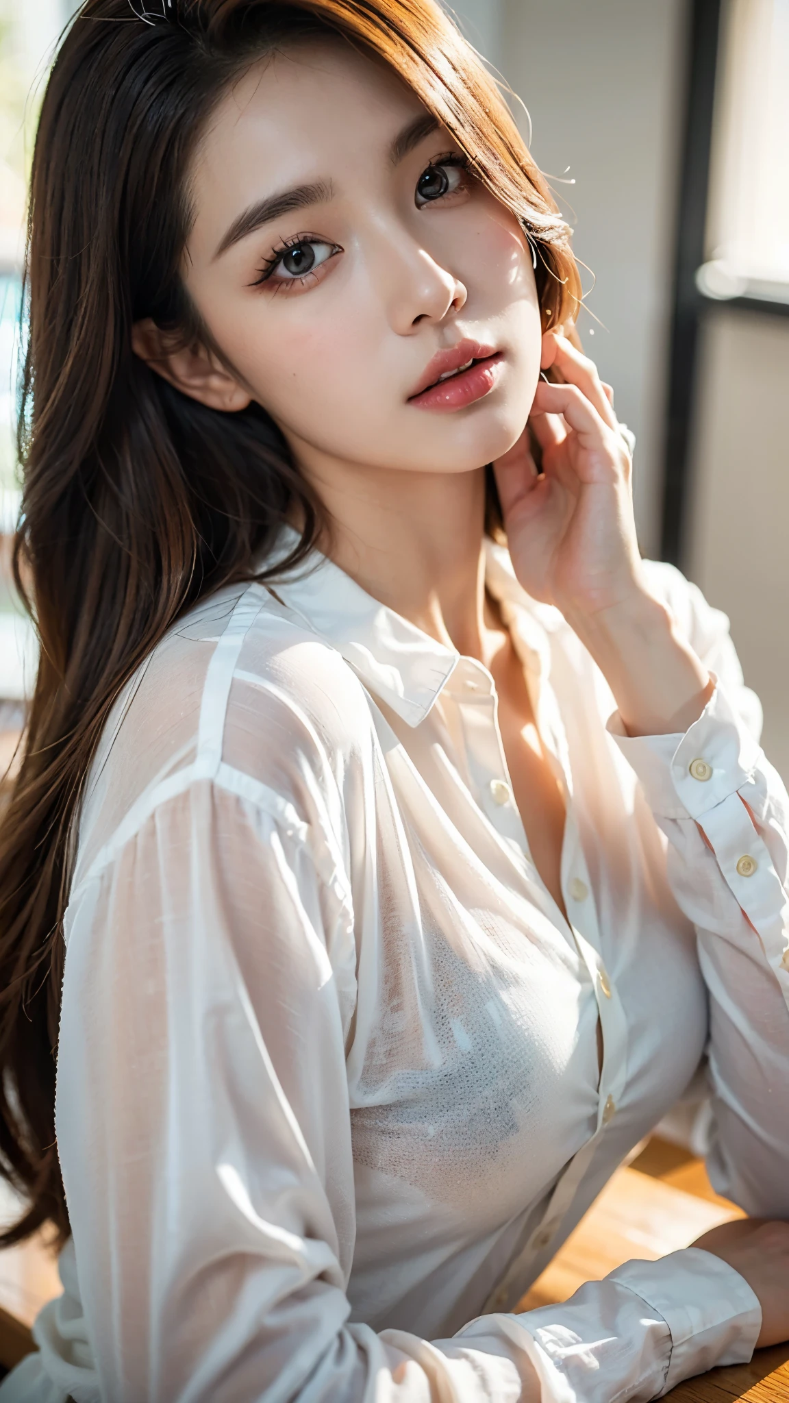 Top quality, RAW Photo, Highest Quality Image, 16K, Full body, Age 22 years old, Realistic, Photorealistic,  Beautiful Asian woman, Sexy, body, White pale skin, Beautiful hair, Wavy hair, Brown Hair,, Short hairstyle, Detailed face, Detailed body, Detailed skin, Double eyelids, Big eyes, long eyelashes, bright eyes, green eyes, natural lips, detailed lips, Saggy breasts, Very Small breasts, Flat Breasts, long shape breasts, posing in her car, sunny day light , light through Aspen trees, wearing white see through polyester shirt with all unbuttoned, no bra, Camera angle from below