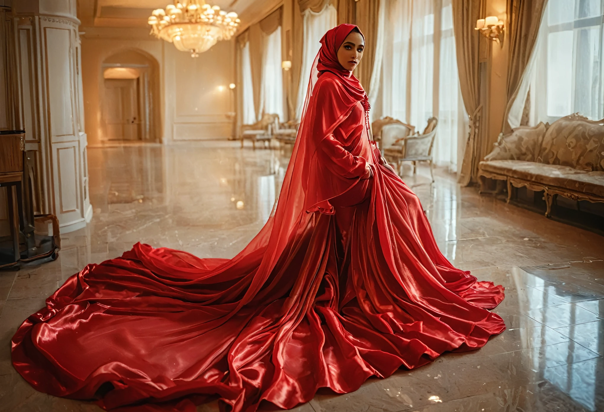 woman shrouded in a 10-meter-long, plush semi transparent red satin shimmer cloth, tightly bound and grandly draping along the form of her body, flowing off into a pooled floor-length train, styled in a mermaid-inspired outfit, her head modestly veiled in a satin hijab,walk in hotel loby, a full-body pose conveying a sense of mysterious elegance, captured in a 4k resolution, ultra-realistic, (best quality,4k,8k,highres,masterpiece:1.2),ultra-detailed,(realistic,photorealistic,photo-realistic:1.37),HDR,UHD,studio lighting,ultra-fine painting,sharp focus,physically-based rendering,extreme detail description,professional,vivid colors,bokeh,portraits,fantasy,cinematic lighting
